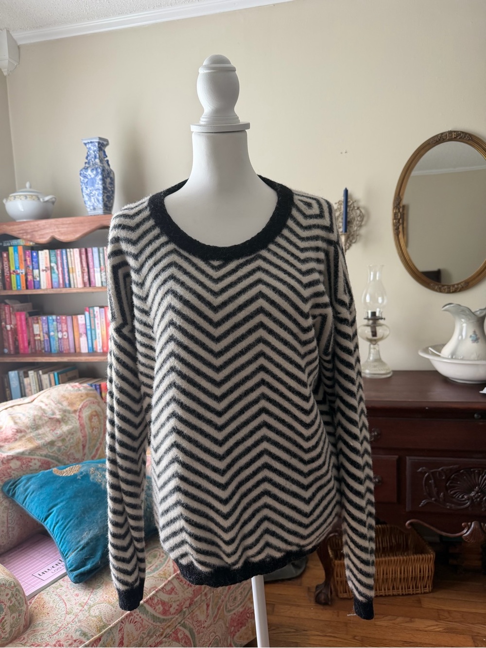 Women’s Cyrus Black and Cream Chevron Crewneck Sweater